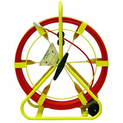 A wheeled duct rodder, yellow frame and red rod, with inboard wheel and an accessory kit.