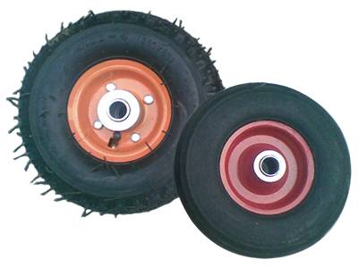 One pneumatic tire and one solid tire, pneumatic one is a little bit bigger than the solid one.