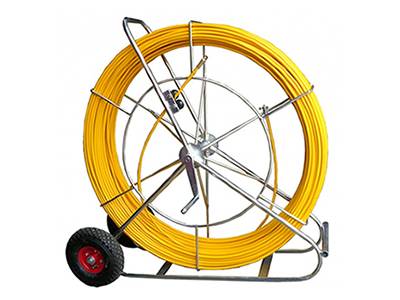 A portable duct rodder with yellow pulling rod and galvanized frame, totally enclosed handle.